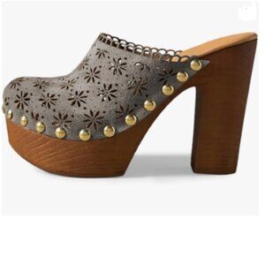 FOWT Grey Studded Round Toe Floral Cut Out Platform Mules Chunky Heel Sandals